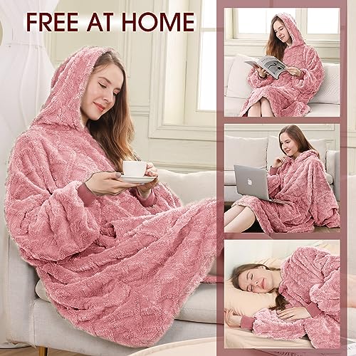 MIZZEO Microfiber Wearable Blanket, Oversized Light Wearable Blanket Hoodie for Adults, Cozy Soft Warm Plush Hooded Blanket Gifts for Women, One Size Fits All (Pink)