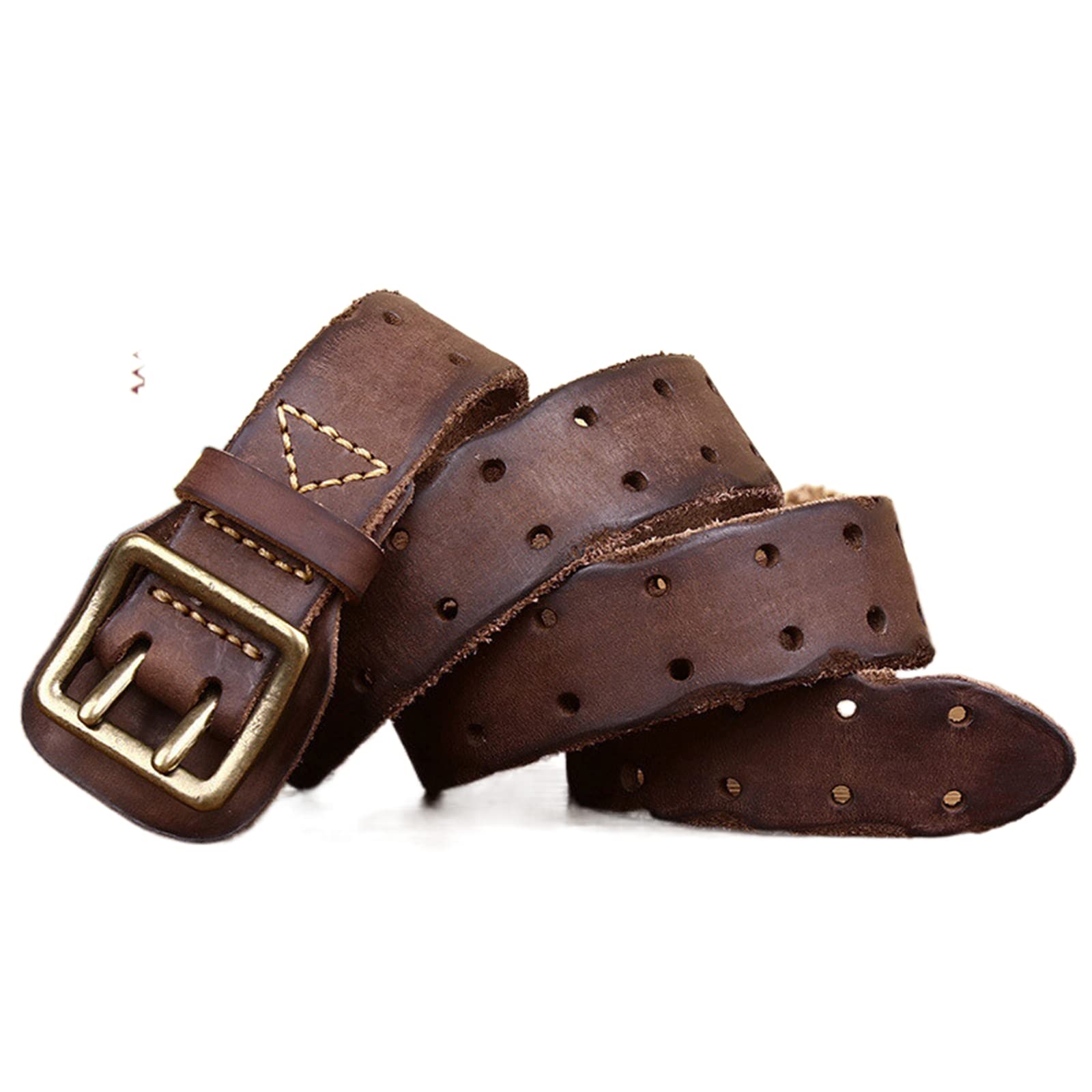 Jiary Unisex Brown ,130Cm/51.2'',Leather Work Belt, Heavy Duty Double Prong Genuine Full Grain Leather Belts For Men,Mens Casual Belts For Jeans