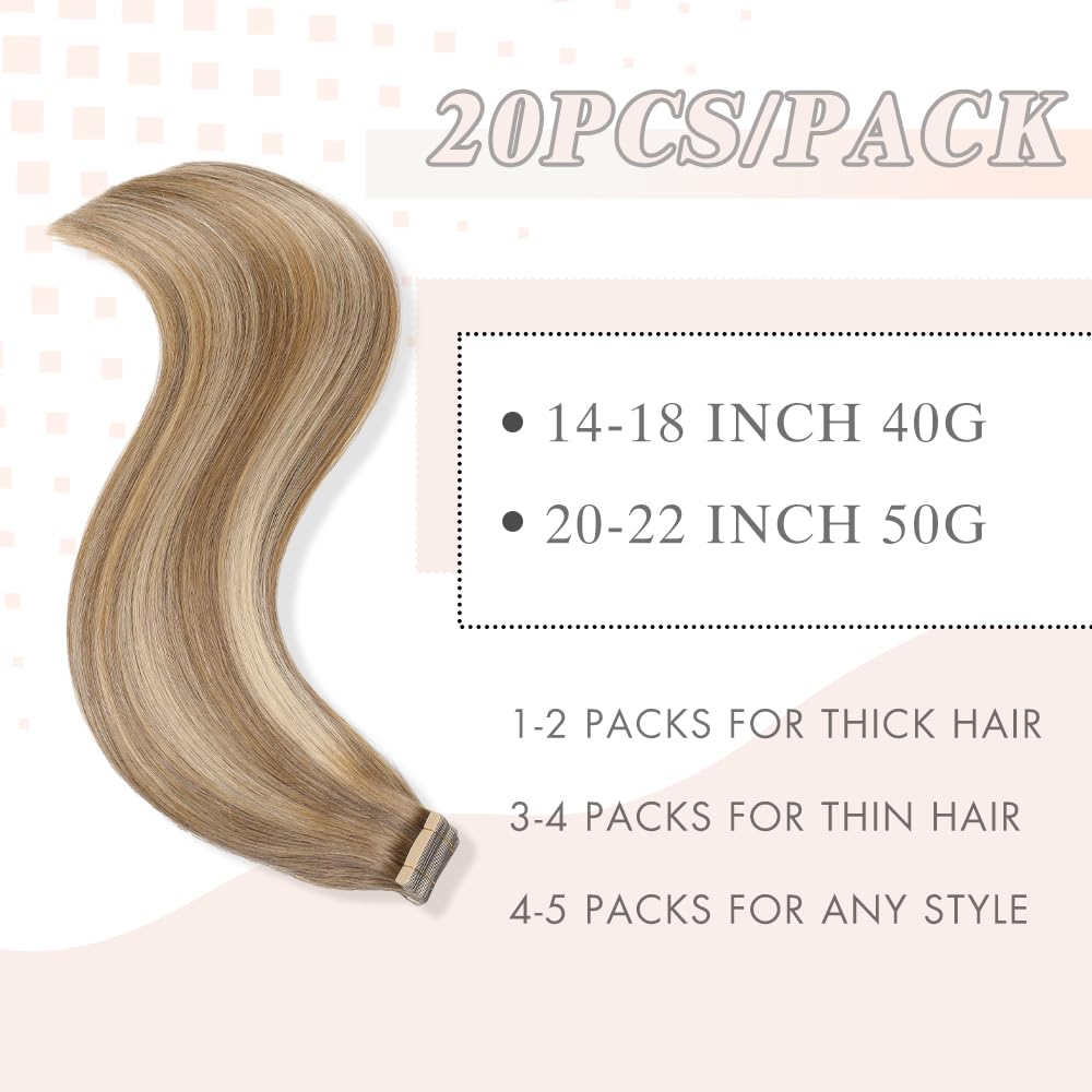 YDDM Extensiones de pelo humano con cinta adhesiva, 20 unidades, 60 cm, 50 g, color marrón claro con rubio dorado — view 2