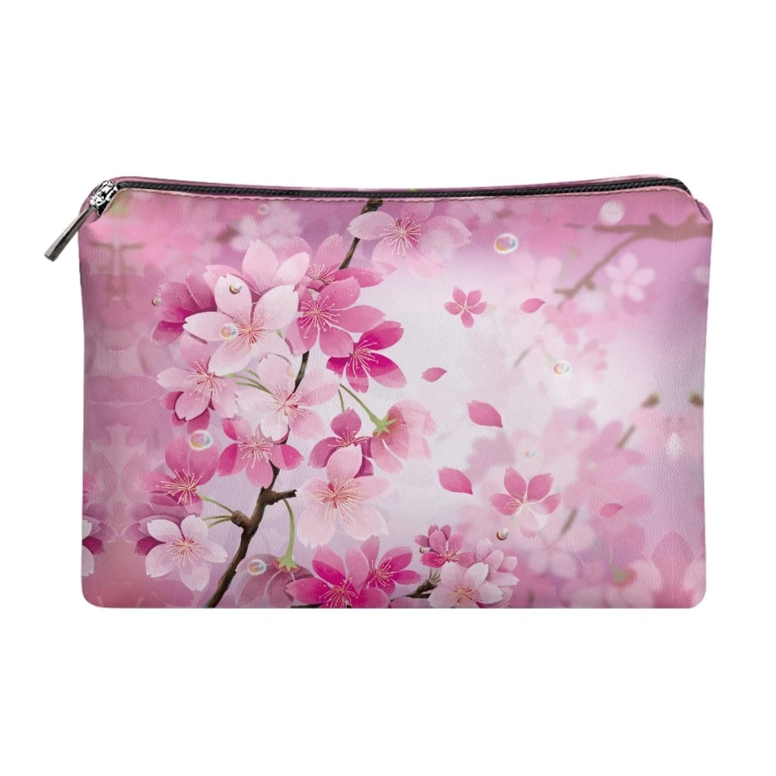 Flashideas Cherry Blossom Print Cosmetic Pouch Travel Makeup Bag Organizer PU Leather Portable Versatile Easy to Take Zipper Makeup Organizer Can Hold