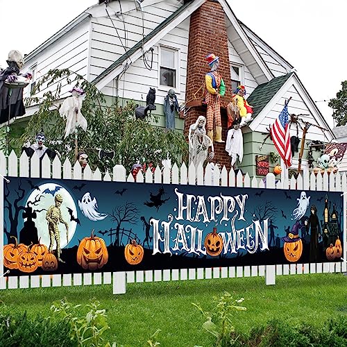 Halloween Banner Happy Halloween Party Dekoration Kürbis Fledermaus Gruseliges Gespenst Halloween Banners Hintergrund für die Wand Innen Außen, Blau, 210x40cm