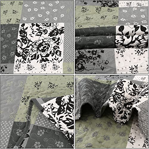 Vinilite Soft Reversible Quilt Set Queen Size, 3 Piece Microfiber Checkered Patchwork Quilted Bedspread Coverlet Bedding Set For All Season With 2 Pillow Shams, Floral Pattern Stitching, Gray #TOP5