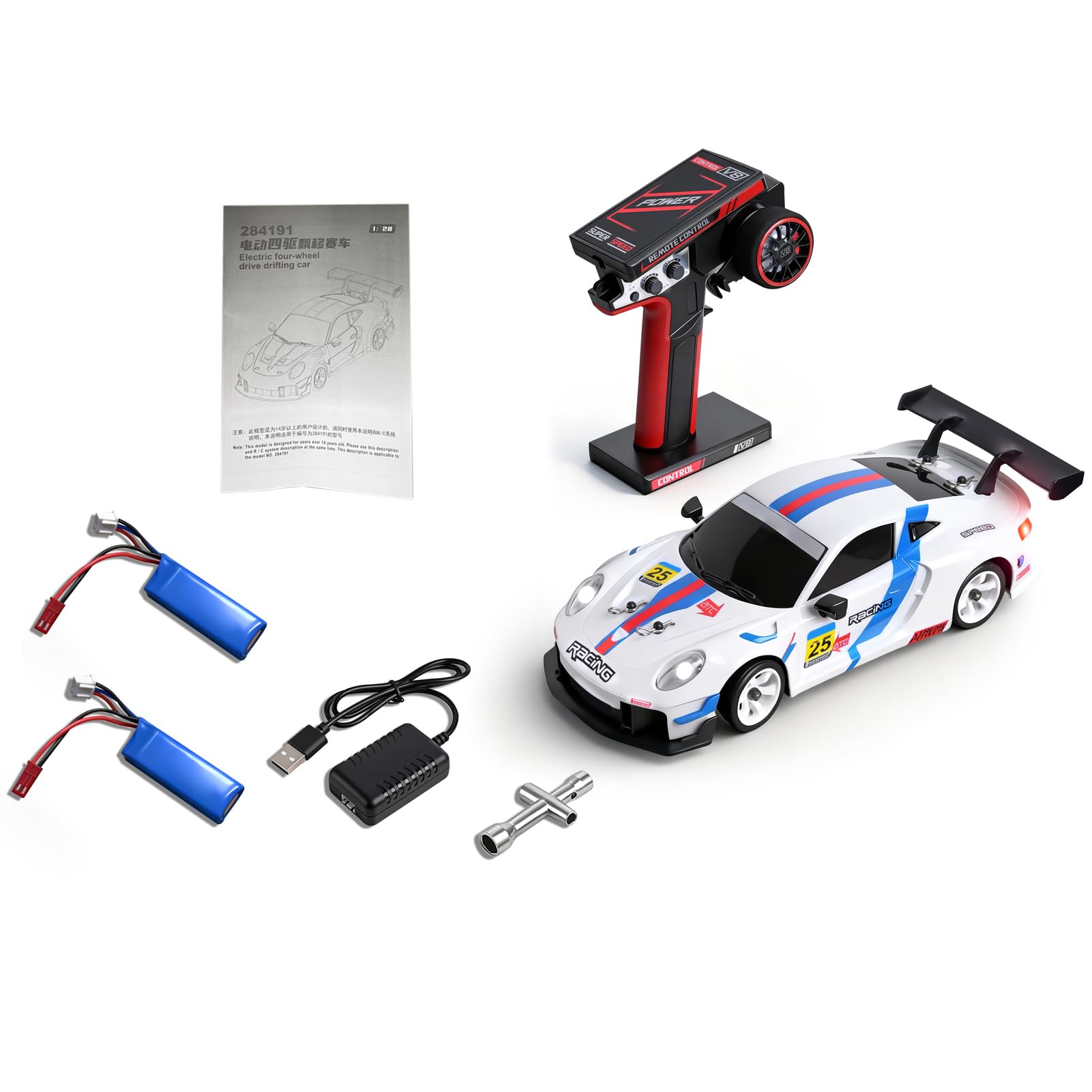 Drift Auto 1:28 30 km/h RC Drift Car napęd na wszystkie koła z fajnymi lampami LED, zdalnie sterowany samochód zdalnie sterowany do różnych terenów