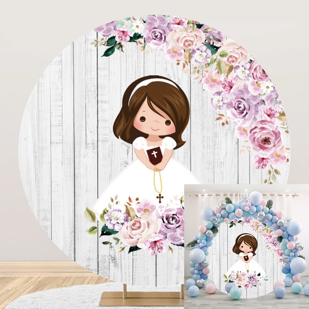 OERJU 6.5x6.5ft God Bless Round Backdrop Floral Cross Rustic Vintage Wood Circle Background Girls Baptism Christening Round Backdrop Stand Cover Party