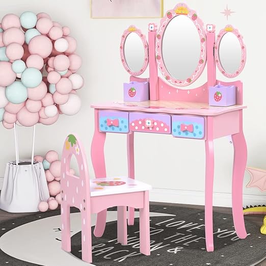 Amazon Co Jp 子供ドレッサー 姫系 化粧台 おままごと 木製 ミラー 三面鏡 引き出し 椅子付き 可愛い いちご 蝶結びパターン 猫足 おめかし おもちゃ 女の子 プリンセス キッズメイクアップ お誕生日 プレゼント 1年 日本語説明書 ピンク いちご おもちゃ
