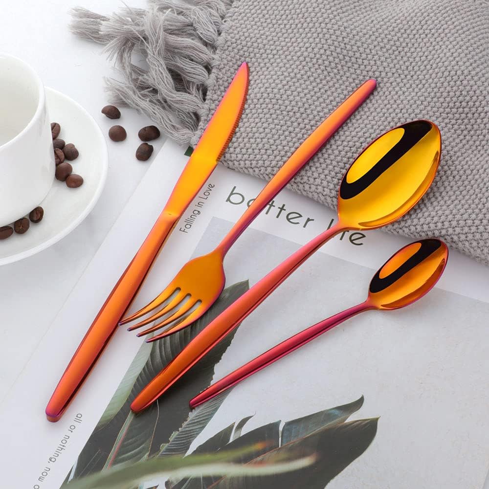 Buyer Star Flatware Set, 20-Piece Stainless Steel Silverware Cutlery Set Service for 5, Rainbow Red Dishes Dinnerware Set with Gift Box, Mirror Finish