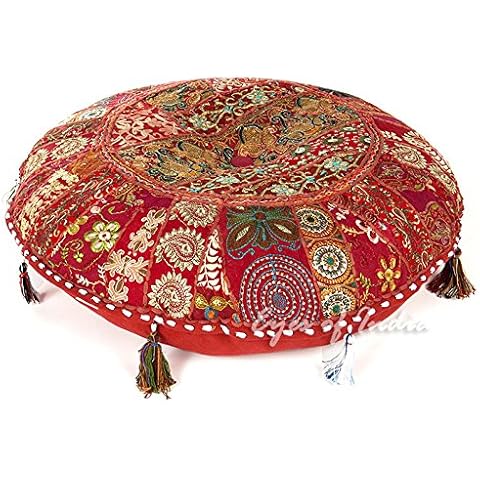 Eyes of India Round Floor Seating Meditation Patchwork Pillow Cushion Cover Colourful Decorative Throw Indian Bohemian Accent Boho Chic Handmade Cover Only (Burgundy, 22" x 22") Cover