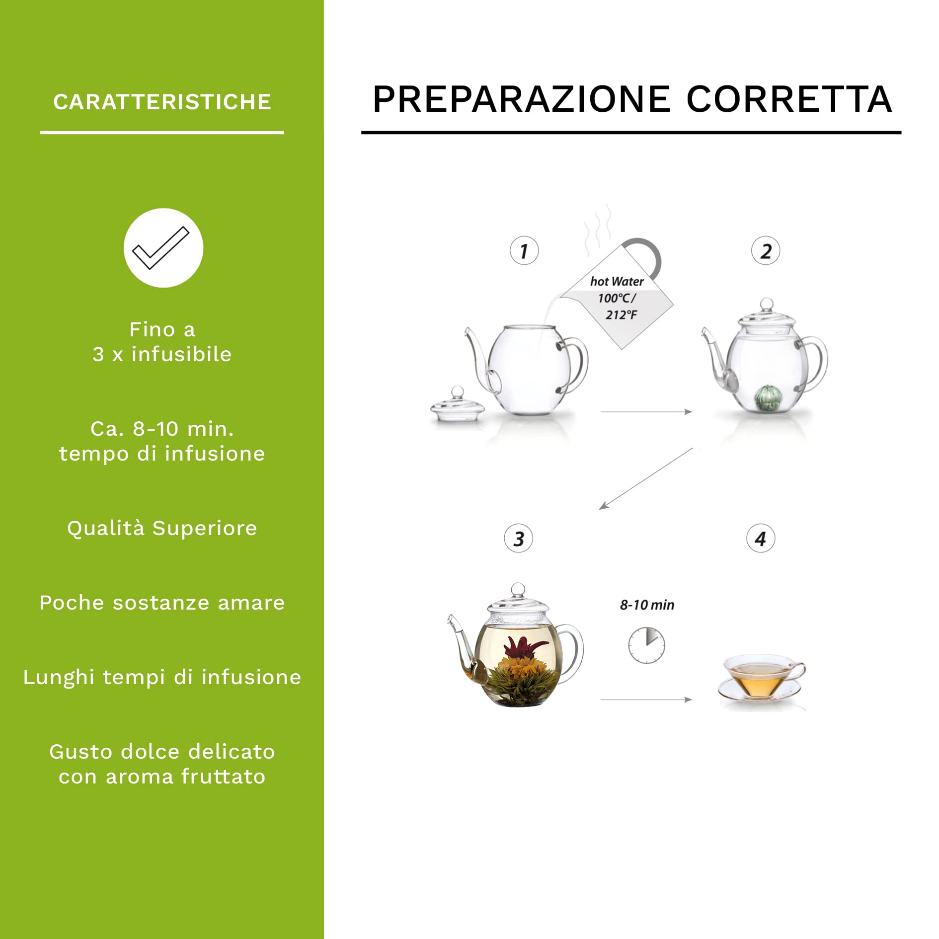 Set regalo di fiori di tè - tè verde - in una nobile scatola magnetica con finestra e goffratura argento 18 x Tè verde