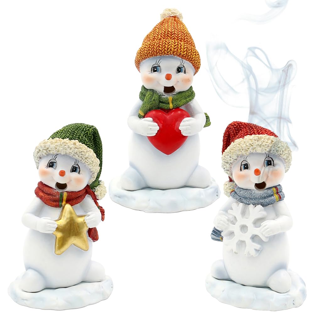 Keramik Schneemann - Deko, Räuchermännchen, Rauchfigur, Schneekinder - Schneemänner mit Räuchermann - Funktion als 3er Set mit Mütze und Schal in rot, grün und orange, L/B/H 8 x 7 x 12 cm