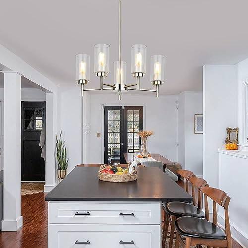 Miniatura 7 de Candelabro moderno de 5 luces con pantallas de vidrio transparente, lámparas contemporáneas para comedor, sala de estar, dormitorio, níquel cepillado