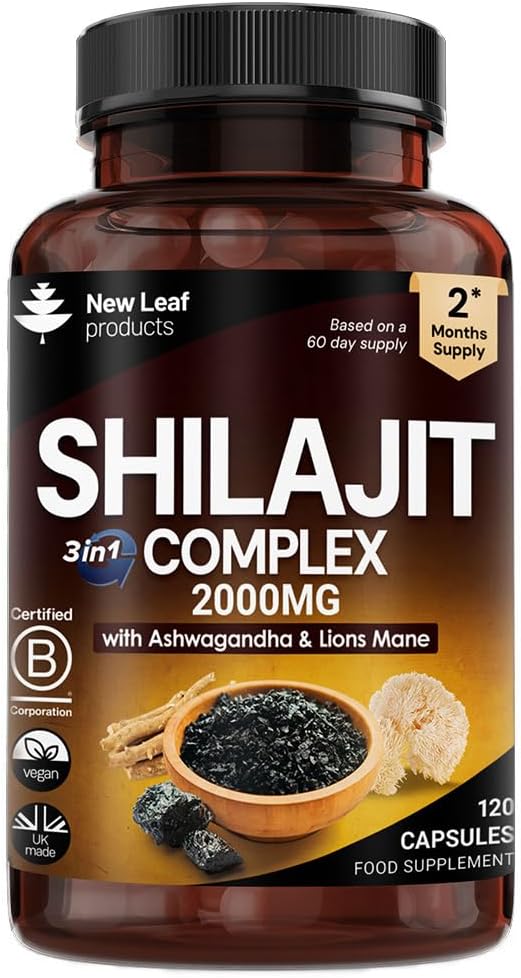 Shilajit Complex enriched with Ashwagandha & Lions Mane, High Strength 2000mg Himilayan Shilajit Complex Capsules with 60% Fulvic Acid - 2 Months Supply Made in The UK By New Leaf