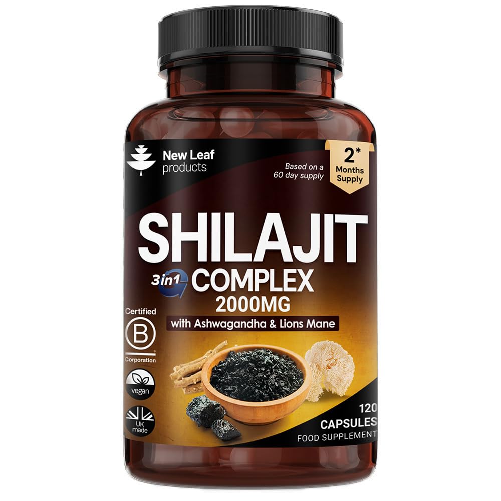 Shilajit Complex - Himilayan Shilajit enriched with Ashwagandha & Lions Mane, High Strength 2000mg Shilajit Complex Capsules with 60% Fulvic Acid - 2 Months Supply Made in The UK by New Leaf