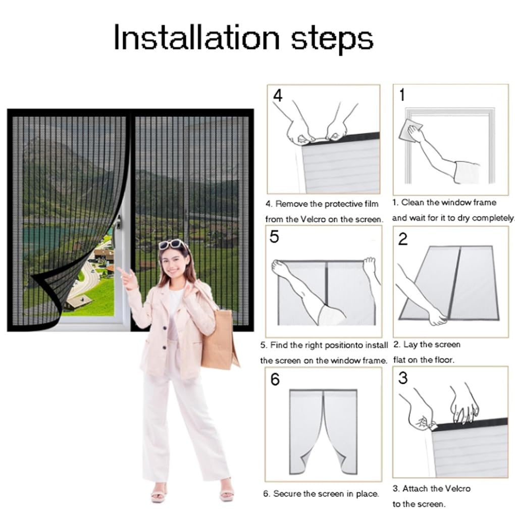 Magnet ct Fliegengitter für Fenster - Schwarzer Fliegenschutz ohne Bohren, einfache Klebemontage, passend für alle Universalfenster (150x130cm)