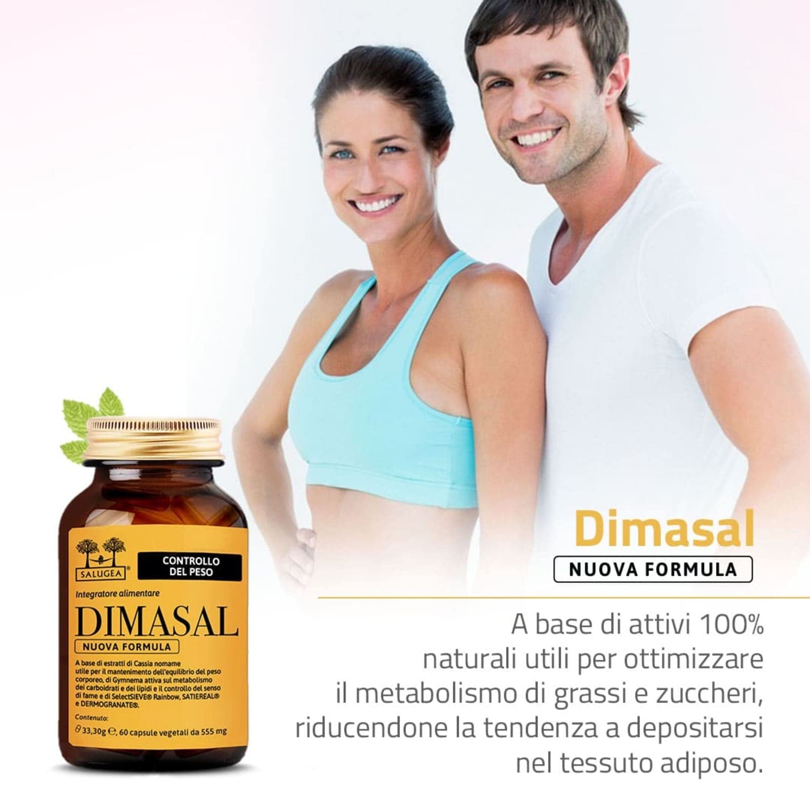 Dimasal Nuova Formula Salugea - Integratore per il controllo del peso forma, fame nervosa e metabolismo - SENZA ALGHE MARINE E CAFFEINA. 60 capsule in flaconi vetro scuro - 100% naturale