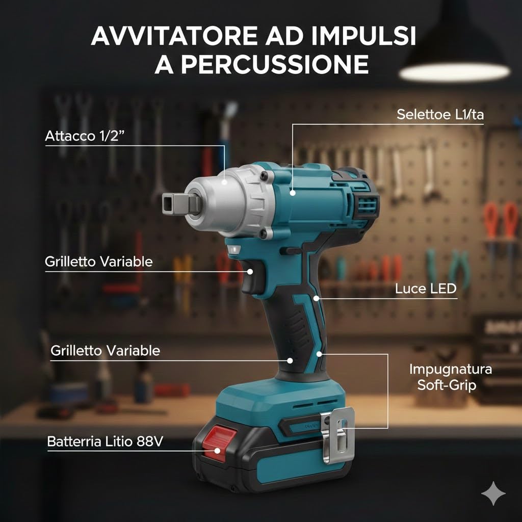 Kit Utensili 3 in 1 88V: Trapano, Smerigliatrice e Avvitatore a Impulsi - Set Cordless con 2 Batterie e Valigetta