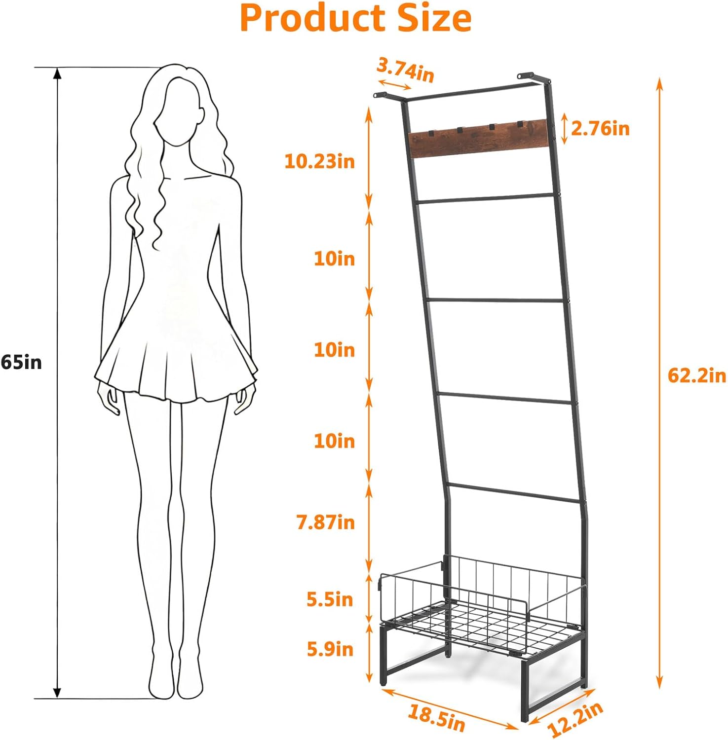 Metal Blanket Ladder with Basket, 5 Tier Rustic Blanket Rack with Hooks for Living Room, Bedroom, Farmhouse Decor – 5.2ft Wall Leaning Ladder Shelf for Blankets, Towels & Throws