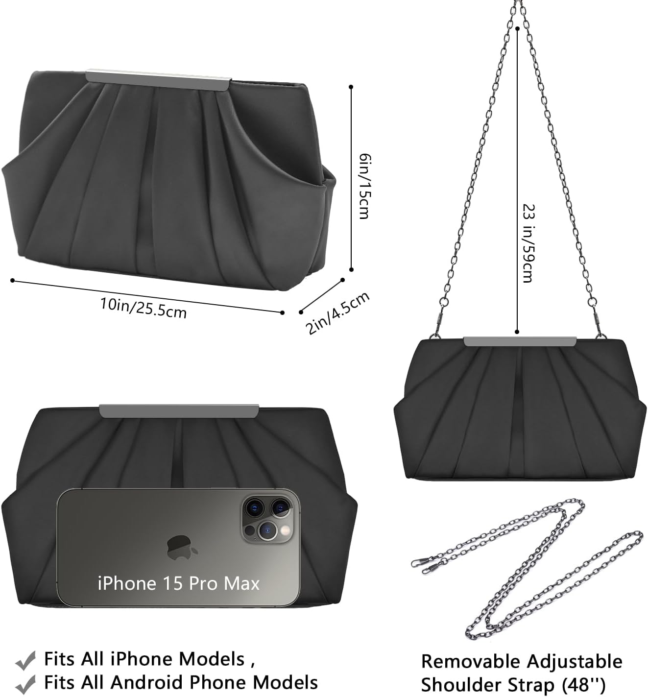 Womens Pleated Satin Evening Handbag Clutch Navy Clutch Purse With Detachable Chain Strap Wedding Cocktail Party Bag