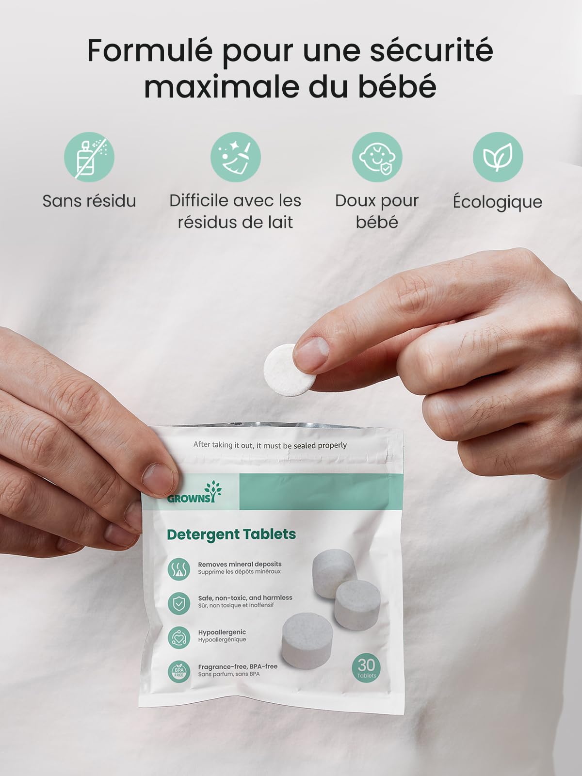 Grownsy Bloc Nettoyant pour Biberons, Compatible Avec le Lave Biberons Momcozy/Baby Brezza, Lot de 130 Tablettes de Nettoyage, Sans Parfum et Sans Danger pour Les Bébés