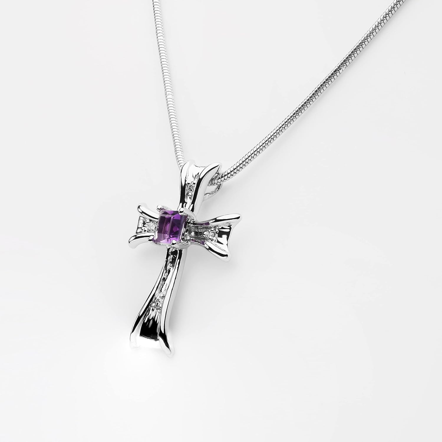 Demira Jewels Princess Amethyst Cross Pendant with Diamond Accents in Sterling Silver, 18" Chain