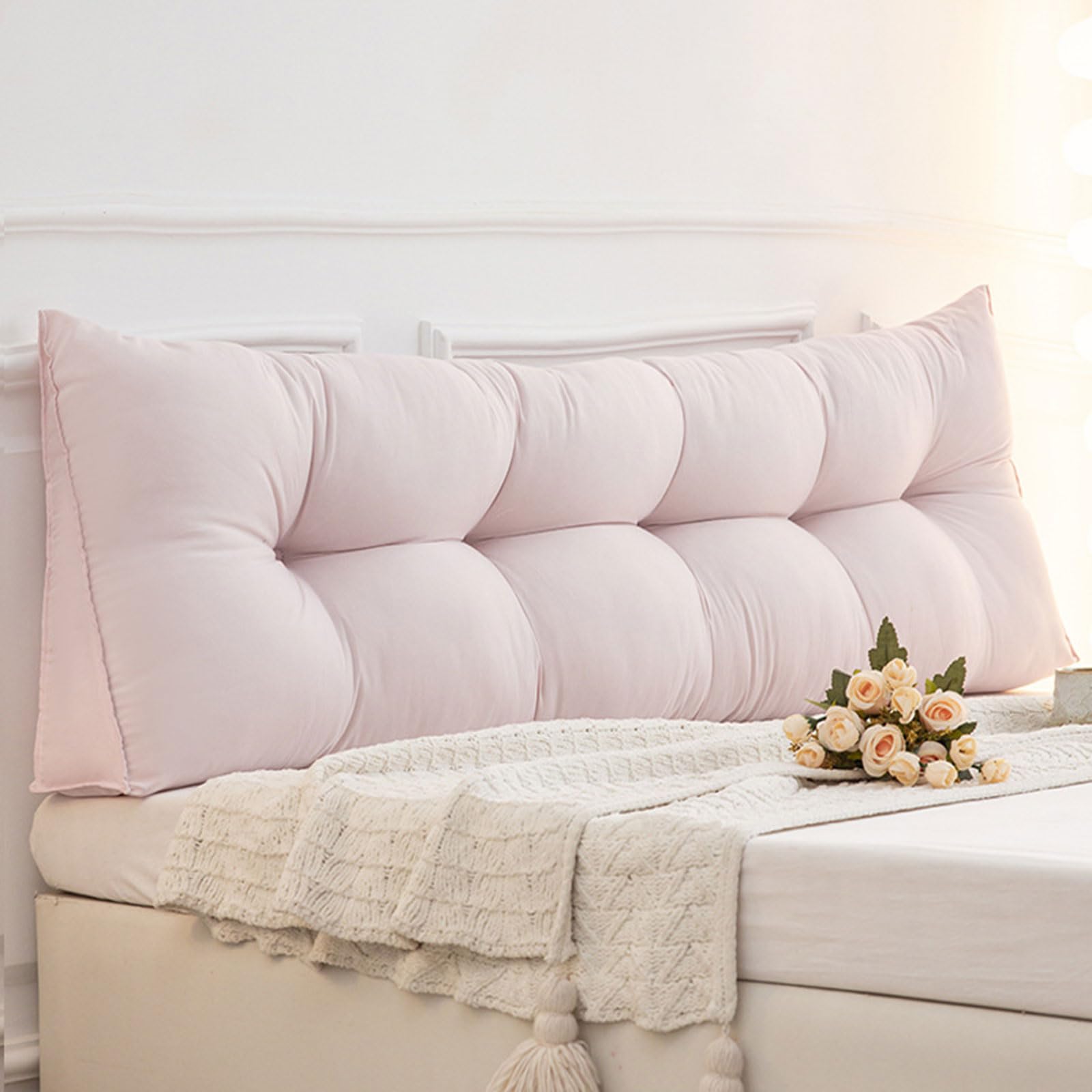 Wedge Pillow Double Single Bed Headboard Pillow Back Support Cushion Soft Washed Cotton Upholstered Reading Pillows, Headboard Cushion for Bed Sofa Tatami, Lumbar Back Rest Bolster(150x50x15cm,Pink3)