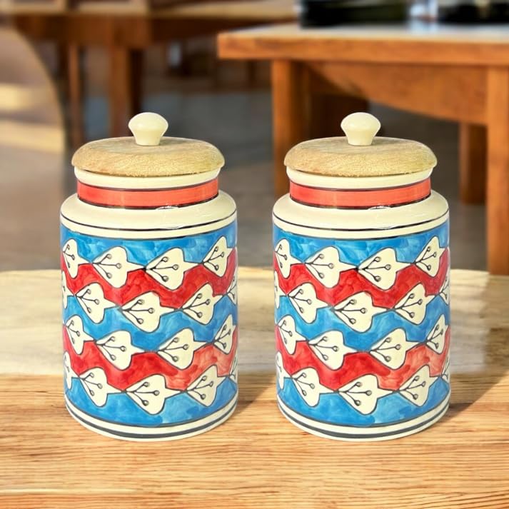 Image of Airtight Ceramic Jars (Pack of 2) - 900ml Each - Wooden Lid - Kitchen Containers for Sugar, Tea, Salt, Pickles, Pulses & More