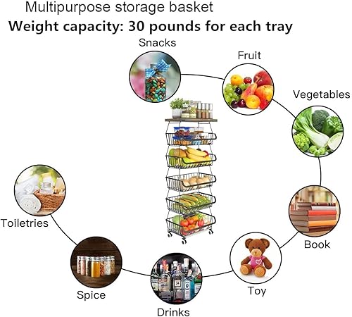 Miniatura 3 de Cesta de almacenamiento de metal con ruedas, estante de almacenamiento de cocina, carrito rodante, apilable, cesta de frutas para cocina, despensa,