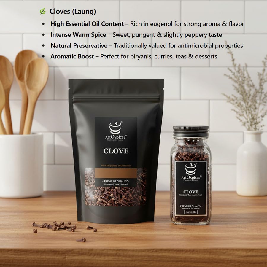 Image of ArtOspices Premium Whole Cloves (Laung / Grambu) 65g | Sourced from Idukki, Kerala | Strong Aroma & High Natural Oil Content | Handpicked & Fresh Dried | For Cooking, Baking, Chai & Wellness | Glass Jar