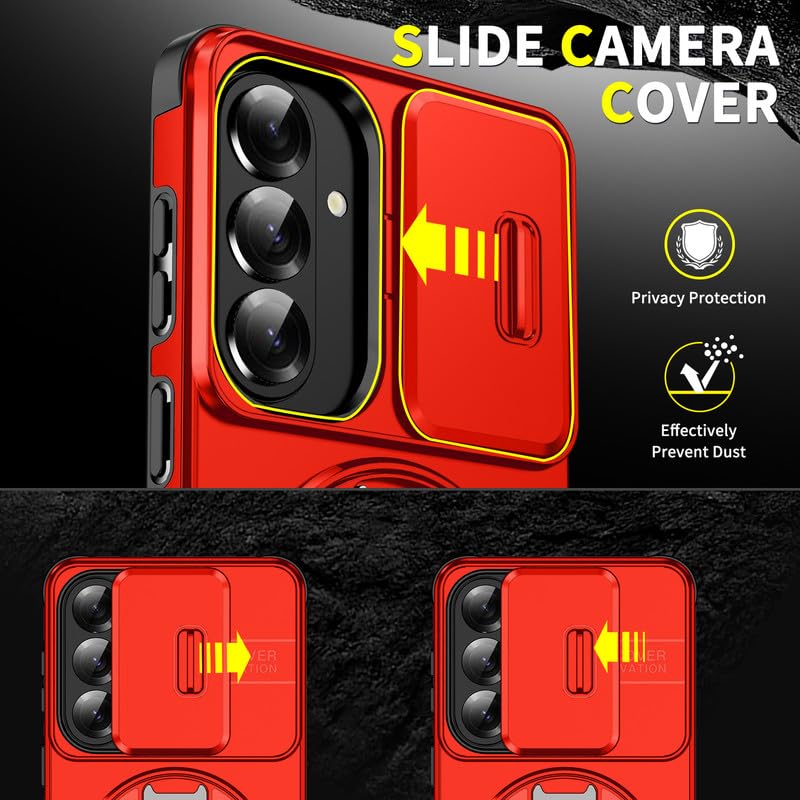 Image of LuxuryKase Shockproof Rugged Case for Samsung Galaxy S26 Plus | Slide Camera Cover | 360 Rotating Ring Kickstand | Military-Grade Protection - Cherry Red