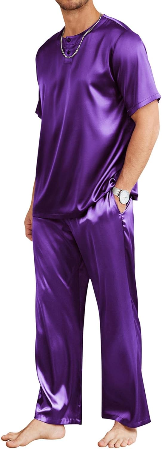 Ekouaer Mens Silk Satin Pajama Set Short Sleeve Sleepwear Silky Loungewear with Long Pants
