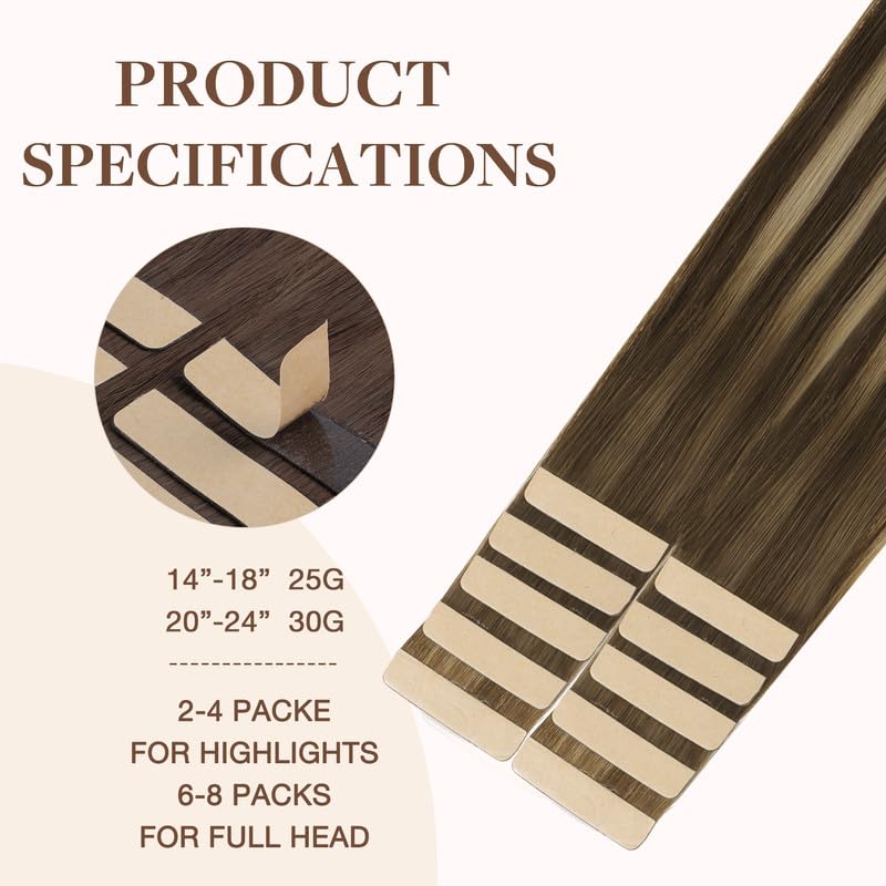 GOO GOO Tape in Hair Extensions Human Hair, 4/26/4 Balayage Chocolate Brown to Honey Blonde, 22inch 30g 10pcs, Skin Weft Seamless Invisible, Silky Straight with Thick Ends, Remy Human Hair
