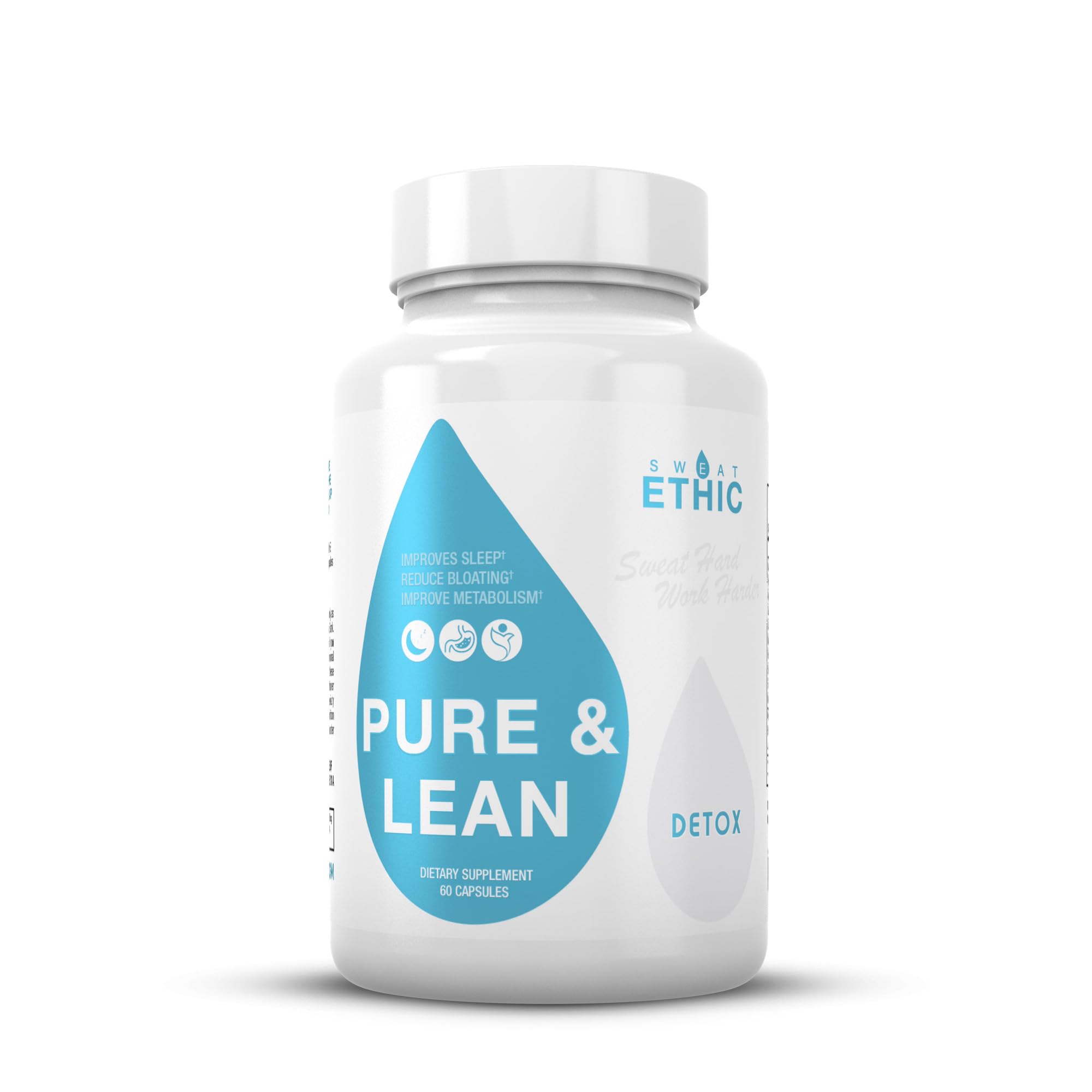 Sweat Ethic Pure & Lean Detox, suplemento natural nocturno con GABA, 5-HTP, melatonina, probióticos y extractos de hierbas. Favorece la rutina nocturna y la digestión. Suplemento dietético para hombres y mujeres, 60 unidades.