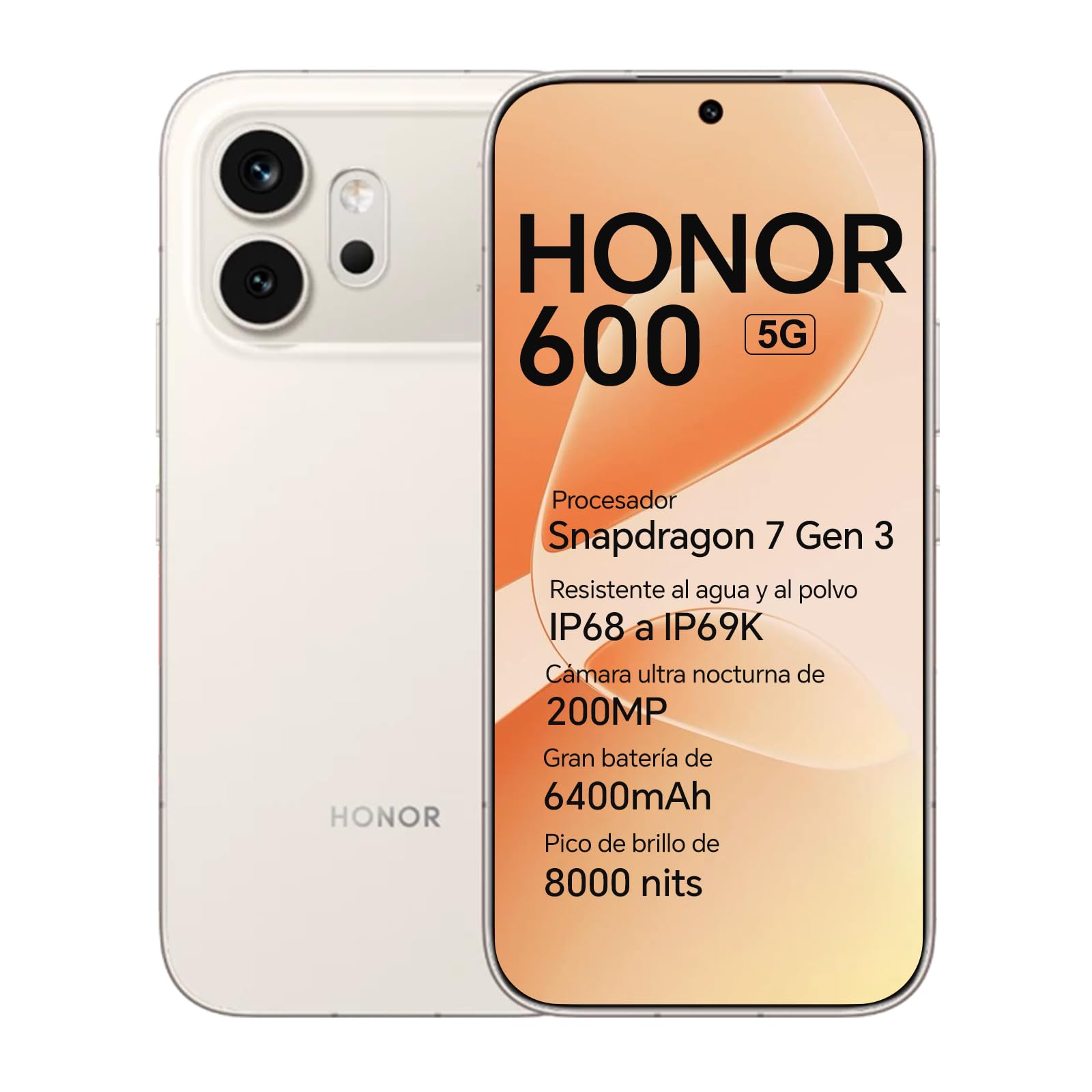 HONOR 600 5G Smartphone, Pantalla AMOLED 6,57" 120Hz, 8+512GB, Cámara 200MP, Batería 6400mAh, Carga 80W, IP68/IP69K (Golden White, 512, GB, 8, GB)