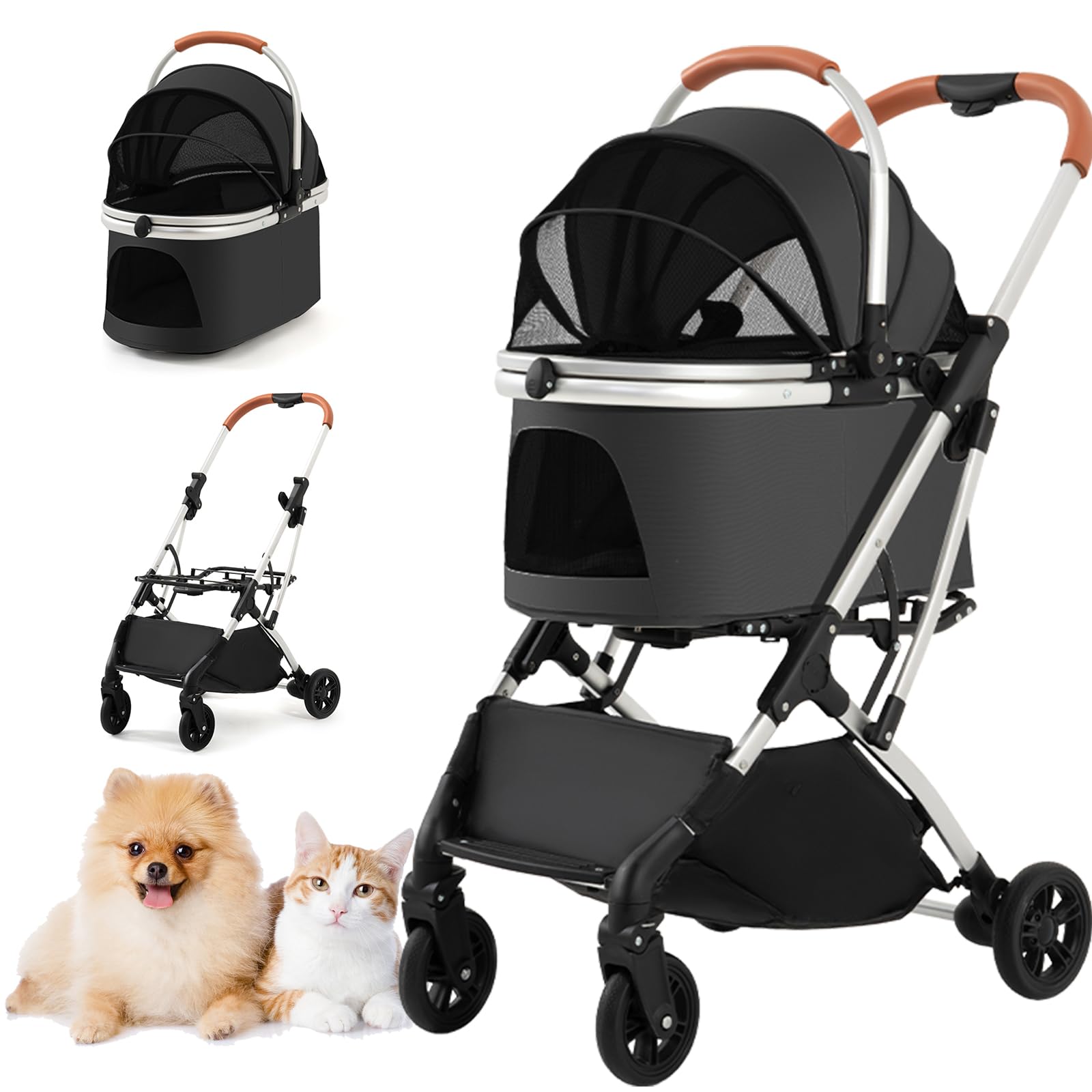 Pet Carrier Stroller 4 Wheels - Easy-Fold Dog Cat Stroller for Small Medium Dog Cats Carrier, Travel Folding Carrier Breathable and Visible Mesh with