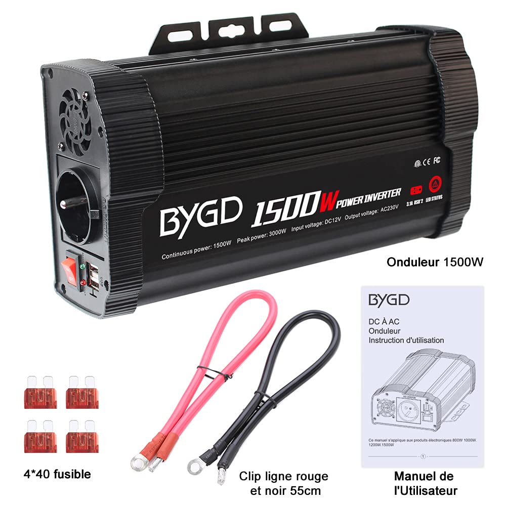 BYGD 1500W Convertisseur de Tension, 12V 220V 230V Onduleur de Voiture