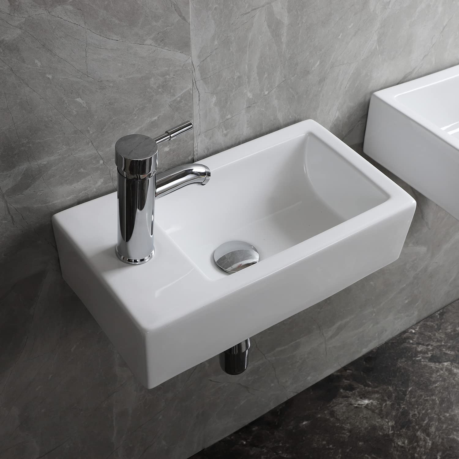 Lavello da parete rettangolare aggiornato con sifone per rifiuti Vaso in ceramica calcinazione ad alta temperatura Design bianco lucido Facile da installare e pulire per WC WC (sinistra)