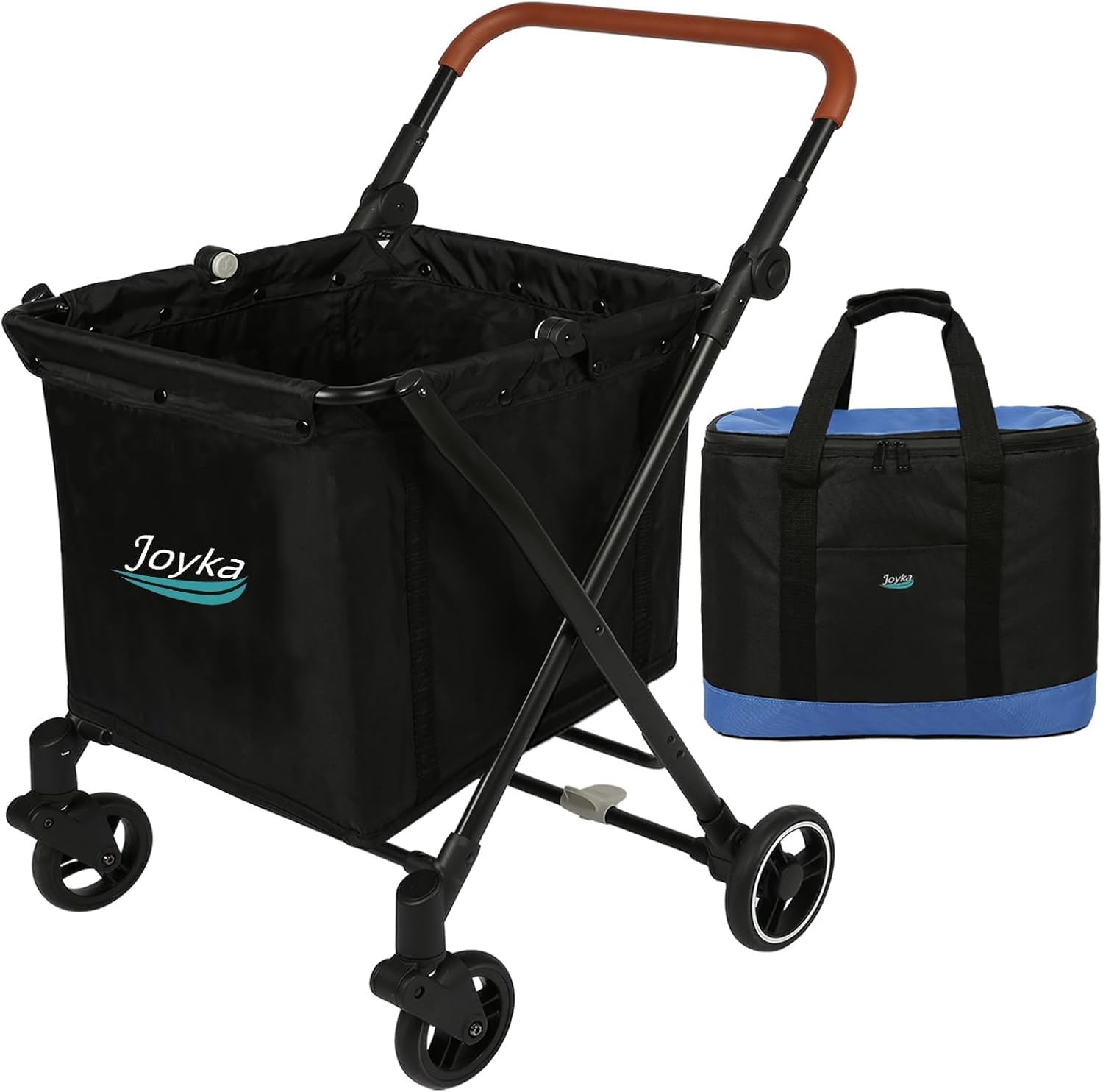 Foldable Shopping Cart Shopping Trolleys 85 Liters Capacity with Cooler Bag Rolling Front Swivel Wheels and Height Adjustable Slider for Shopping Picnic Groceries Laundry Navy Blue