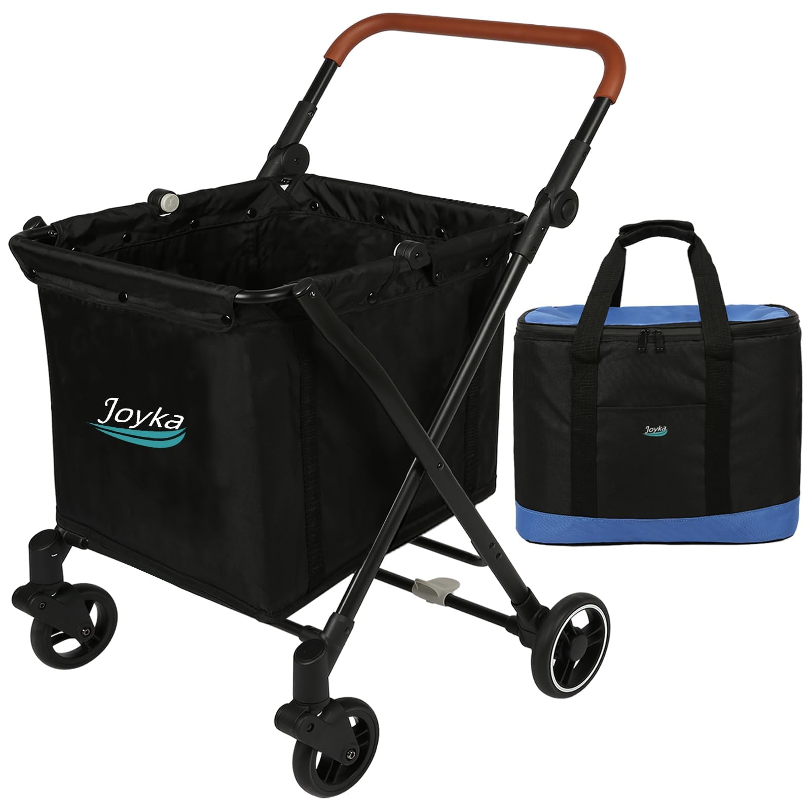 Joyka Foldable Shopping Cart Shopping Trolleys 85 Liters Capacity with Cooler Bag Rolling Front Swivel Wheels and Height Adjustable Slider for Shopping Picnic Groceries Laundry Navy Blue