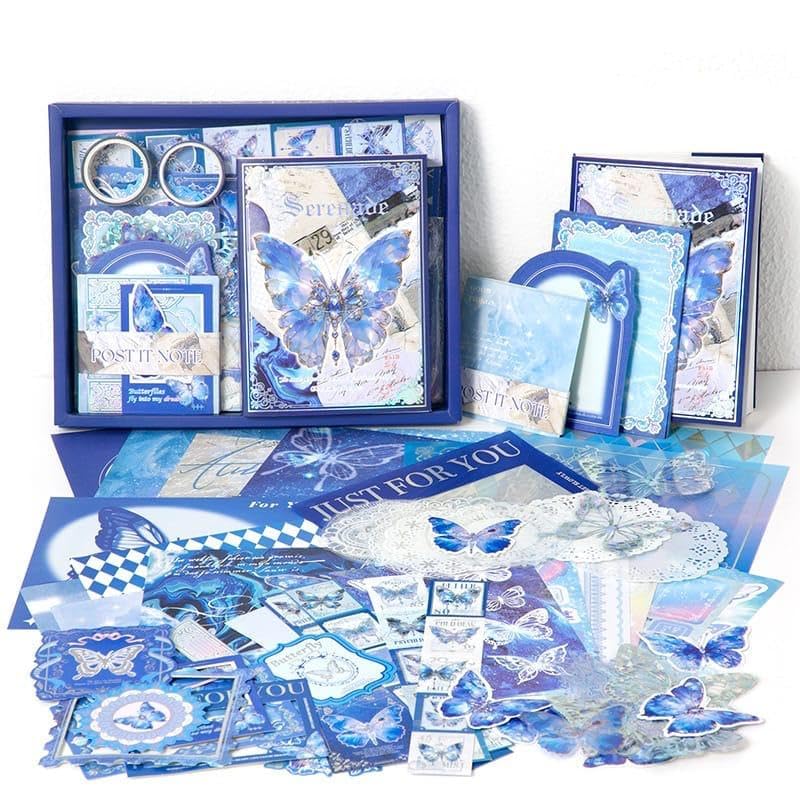 Image of VIBE VISTA Vintage Aesthetic Scrapbook Kit,346 Pcs,A6 Grid Notebook,Washi ,Envelopes, Scrapbook Papers, Folding Labels, Background Papers, Photo Frames, Calendar Stickers, Stickers (Blue Butterfly)
