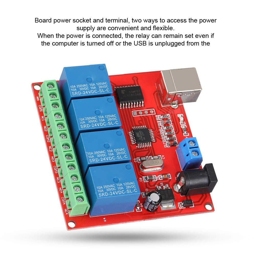 ASHATA Modulo relè 24 V, modulo relè 4 canali Modulo relè Controller Smart Switch USB per Computer, Chip di Controllo USB ad Alte Prestazioni Modulo relè DC 24 V Scheda di espansione PC Rosso