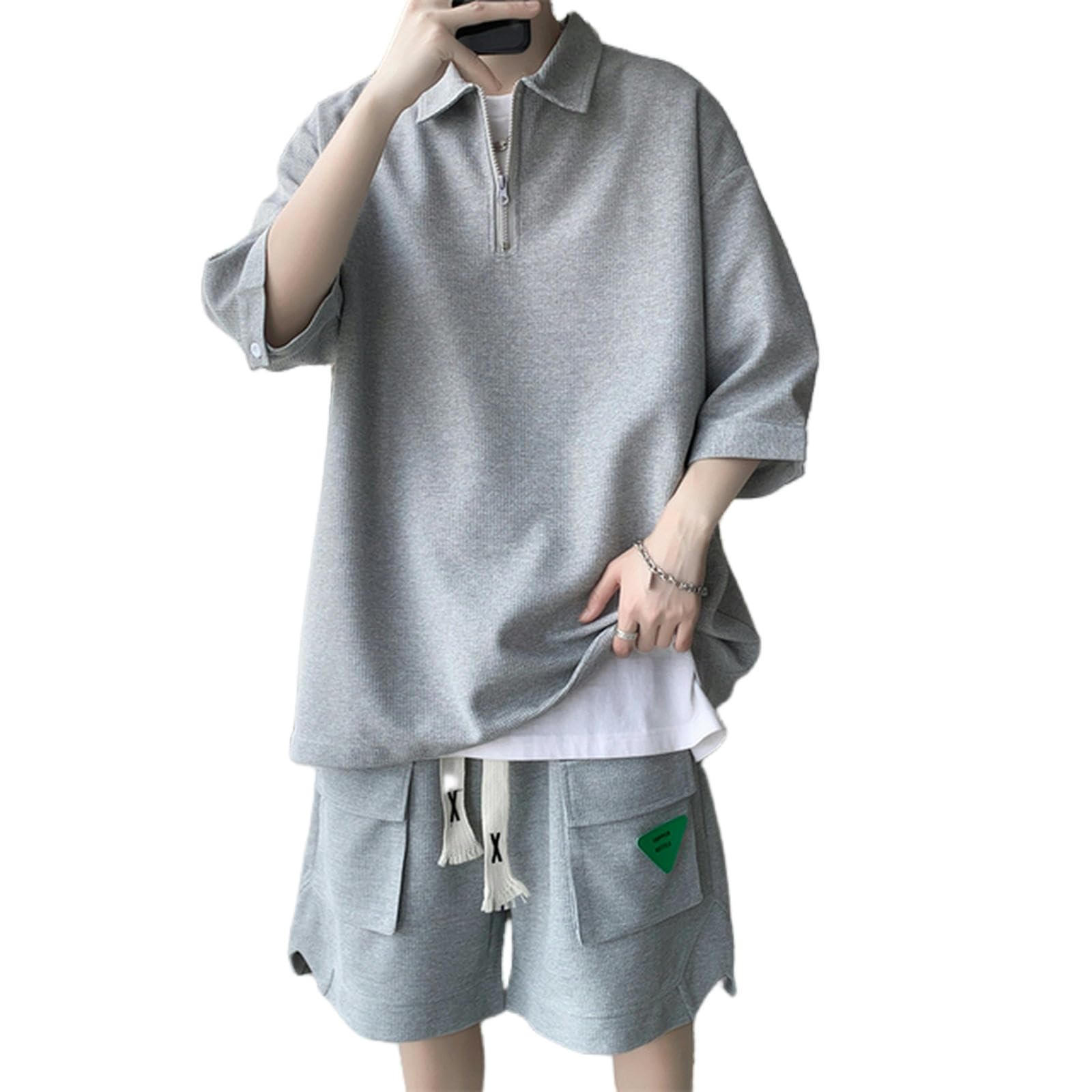 TEidea Męskie T-shirty Plus Size 5Xl-S Luźne Codzienne Męskie T-shirty Zestawy Wywijany Kołnierz Koszulki Polo i Spodenki Z Krótkim Rękawem