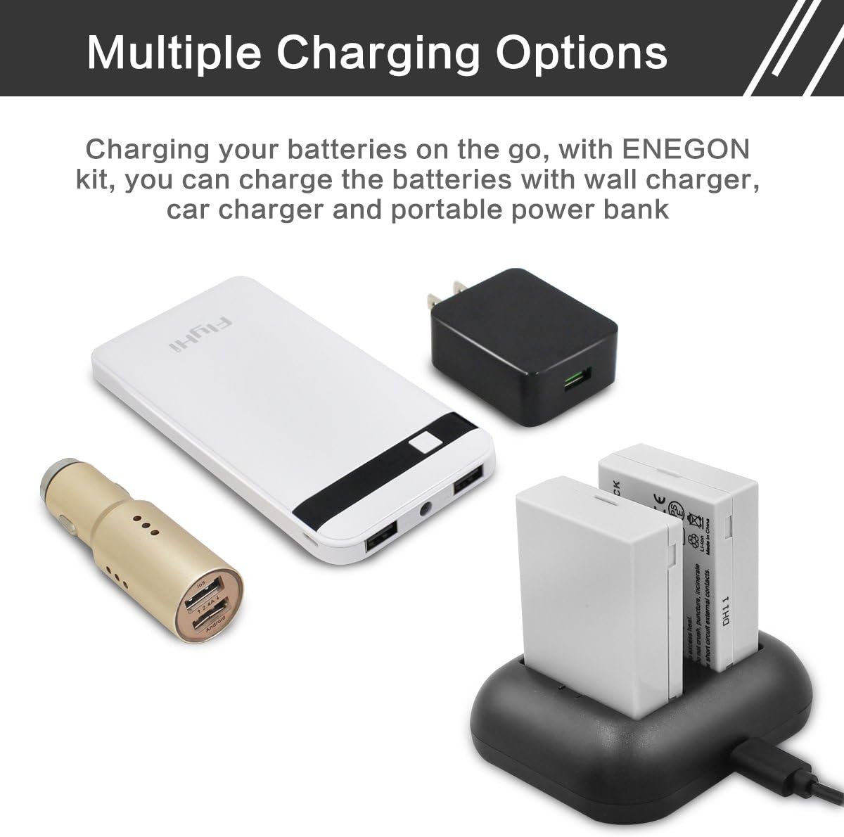 Image illustrating various charging options for the dual charger, including wall adapter, car charger, and power bank.