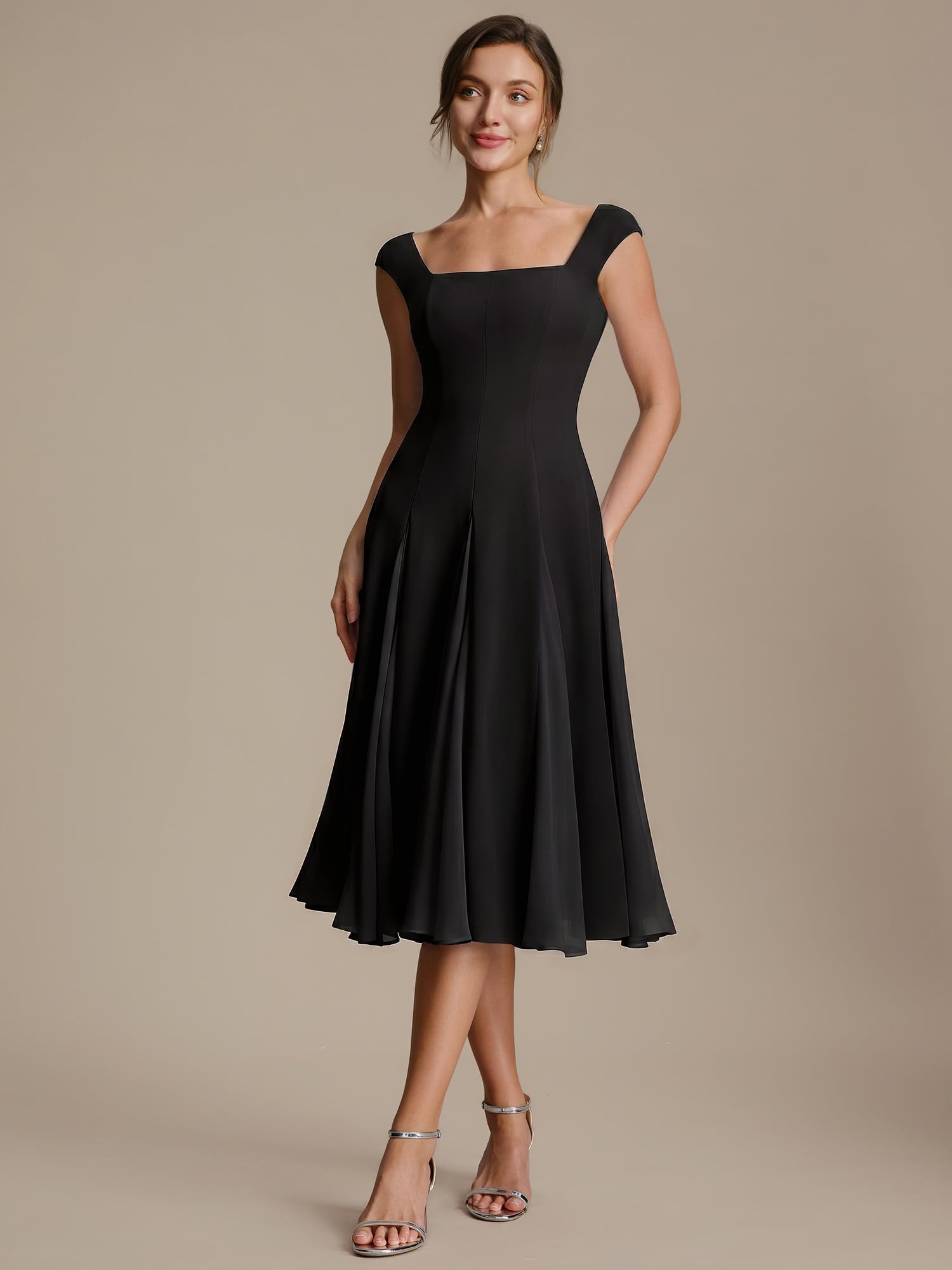 Ever-Pretty Robe Cocktail Élégante Col Carrée Manches Cape Crêpe Midi Coupe Trapèze EG02776