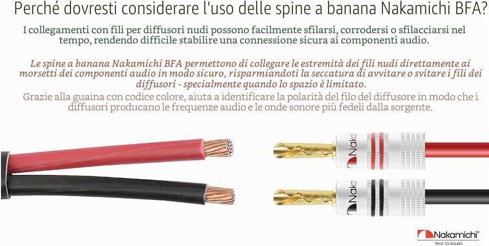 Nakamichi connettori a banana BFA 12-18 AWG 4 mm placcati in oro 24 K adattatore spina a banana per altoparlanti cablati, piastra a parete e amplificatore per altoparlanti HiFi 10 pezzi (5 paia)