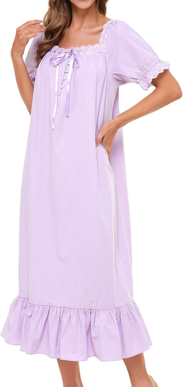 Lu's Chic Women's Victorian Nightgown Cotton Sleepwear Long Loungewear Short Sleeve Vintage - Image 7