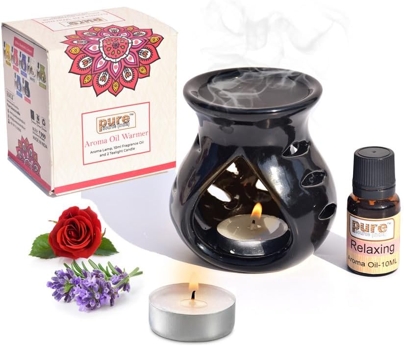 Pure Source India Aroma Burner Gift Set 10 Ml Relaxing Aroma Oil and 4 Tea Light Candle (Black)
