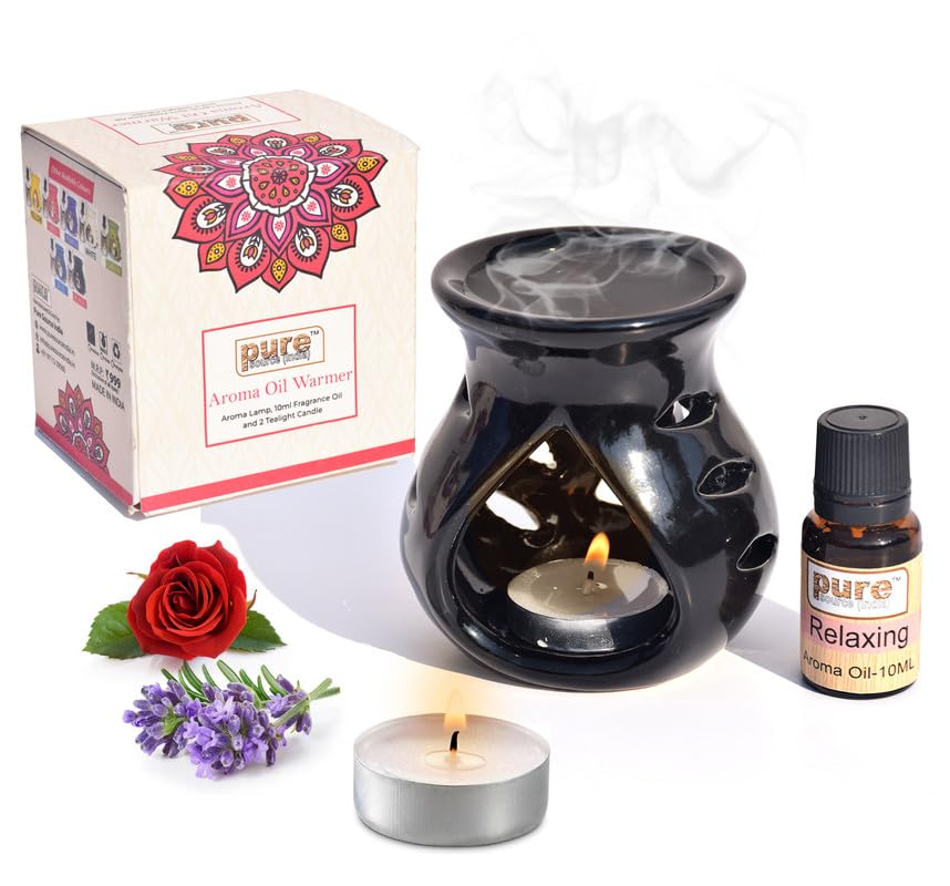 Pure Source India Aroma Burner Gift Set 10 Ml Relaxing Aroma Oil and 4 Tea Light Candle (Black)