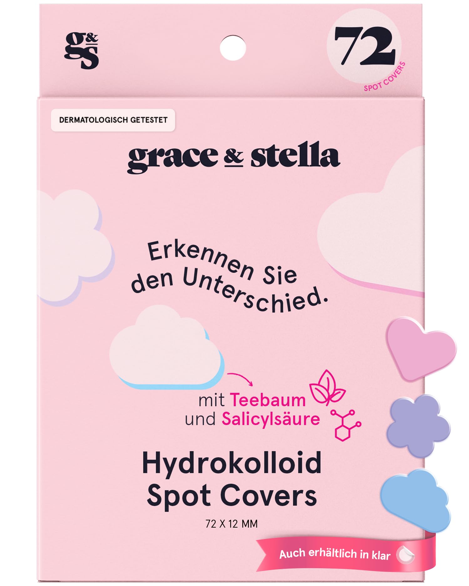 grace & stella Pickel Patch, Spotabdeckung, Hydrocolloid-Patches für Gesicht, Dermatologe Getestete & Vegane Spot Cover [Verschiedene Formen, 72 Stück]