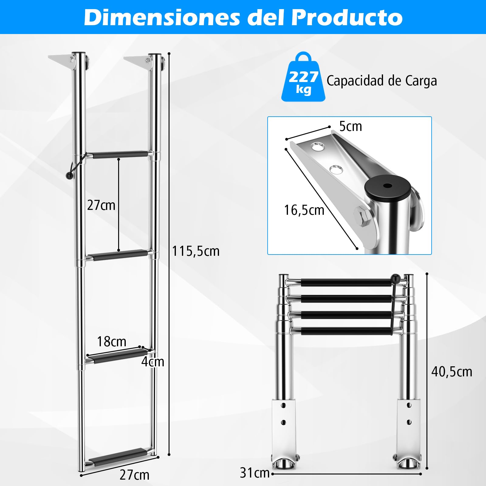 COSTWAY Escalera Telescópica para Barcos de 4 Escalones, Escalera de Barco Extensible Plegable, de Acero Inoxidable Resistente para Pontones, Yates con Capacidad de 227 Kg