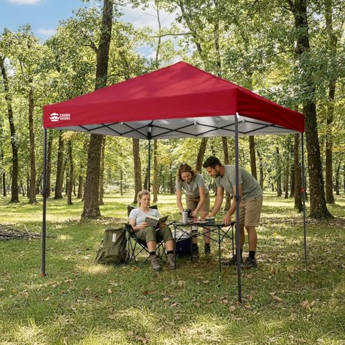 Image of CROWN SHADES 8x8 Pop Up Canopy - Patented Center Lock One Push Instant Outdoor Canopy Beach Tent with STO-N-Go Bag 8 Stakes & 4 Sand Bags,Red