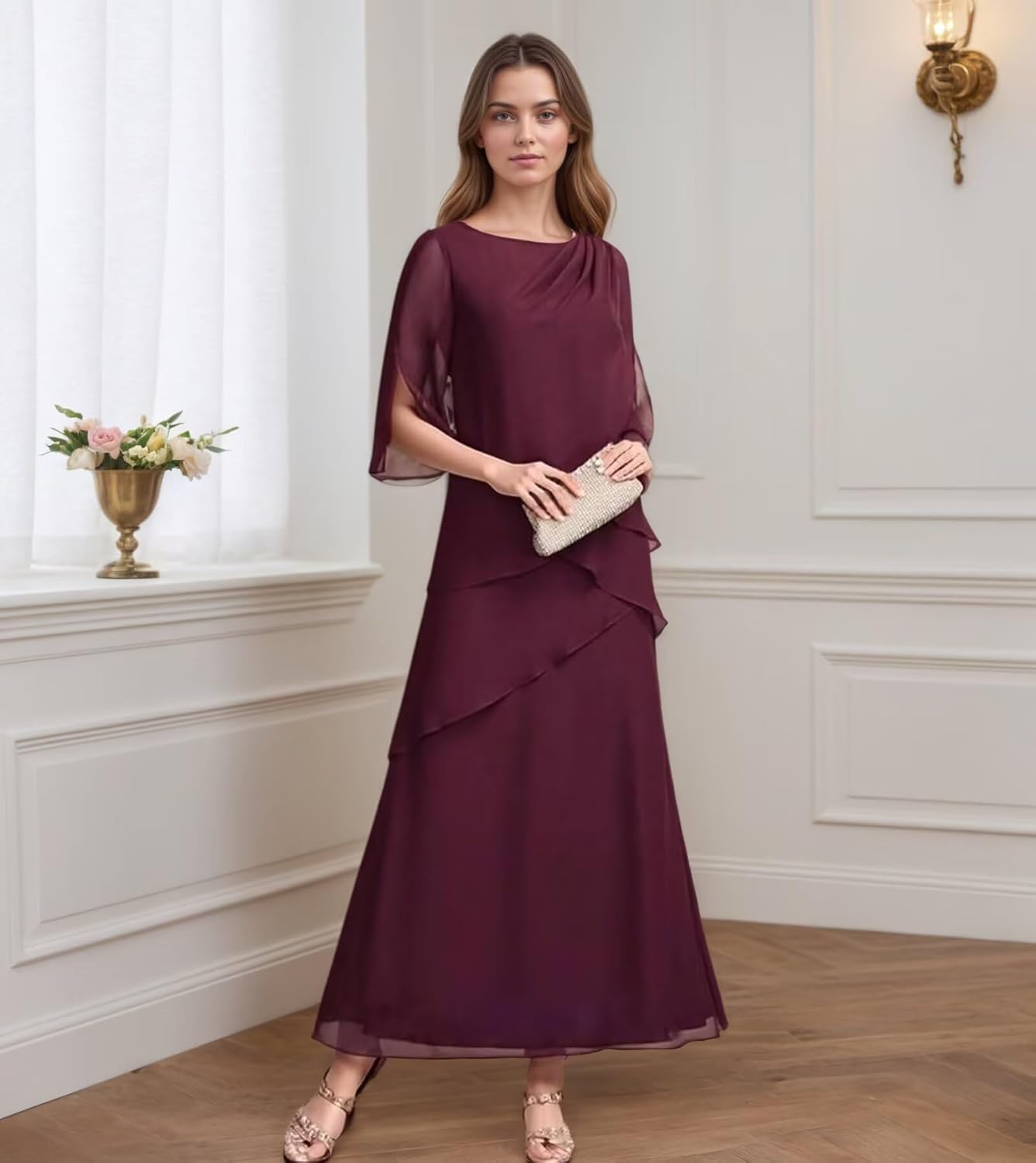 Mother of The Bride Dresses for Women Half Sleeve Ruffle Long Formal Wedding Guest Dress